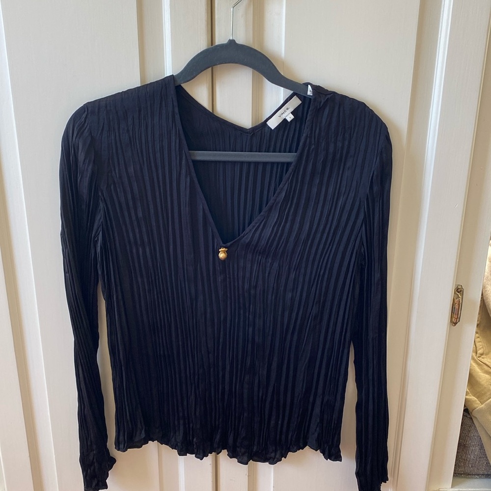 Vince Black Pleated v-neck blouse with gold medallion